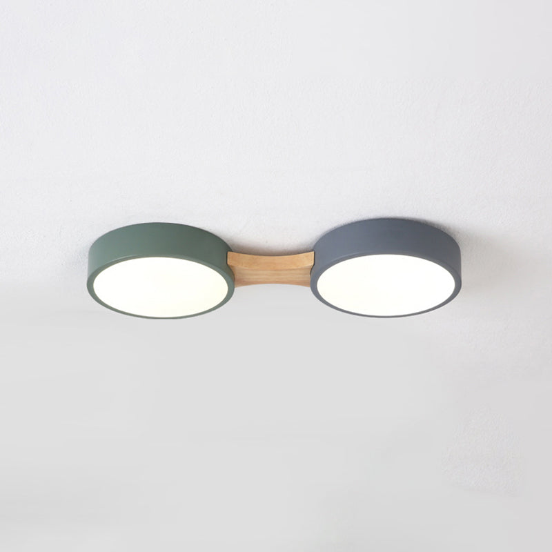 Drum Flush Ceiling Light Minimal Acrylic LED Flush Mount Fixture with Wood Arm 2 Wood Clearhalo 'Ceiling Lights' 'Close To Ceiling Lights' 'Close to ceiling' 'Flush mount' Lighting' 2011108