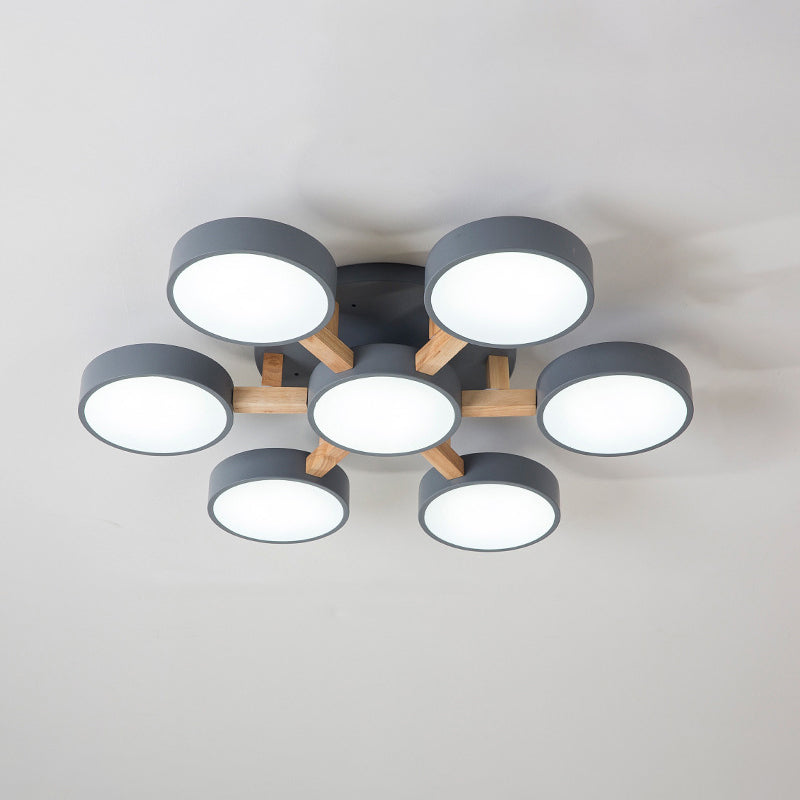 Round Living Room Semi Mount Lighting Acrylic Minimalist Ceiling Light Fixture with Wood Arm 7 Grey Clearhalo 'Ceiling Lights' 'Close To Ceiling Lights' 'Close to ceiling' 'Semi-flushmount' Lighting' 2011119