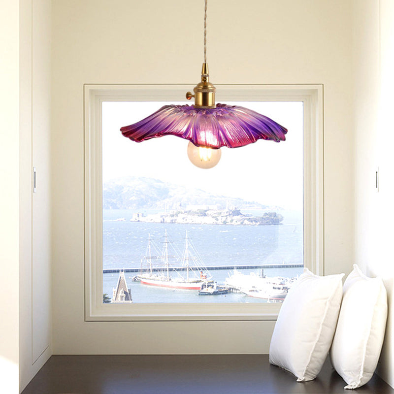 Blossom Textured Glass Pendant Lighting Industrial 1 Light Living Room Hanging Ceiling Light in Brass Purple Clearhalo 'Ceiling Lights' 'Glass shade' 'Glass' 'Industrial Pendants' 'Industrial' 'Middle Century Pendants' 'Pendant Lights' 'Pendants' 'Tiffany' Lighting' 2011354