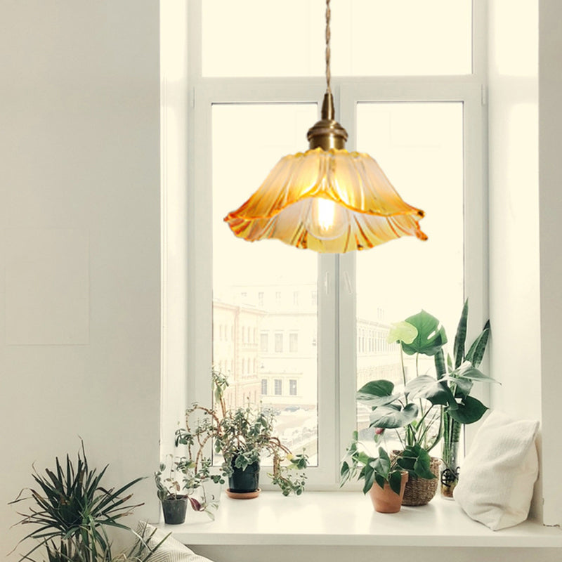 Blossom Textured Glass Pendant Lighting Industrial 1 Light Living Room Hanging Ceiling Light in Brass Yellow Clearhalo 'Ceiling Lights' 'Glass shade' 'Glass' 'Industrial Pendants' 'Industrial' 'Middle Century Pendants' 'Pendant Lights' 'Pendants' 'Tiffany' Lighting' 2011358