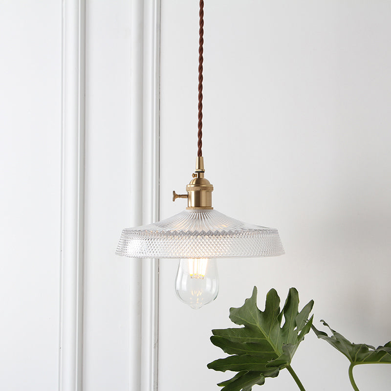 1-Bulb Hanging Lamp Farm Dining Room Pendant Lighting Fixture with Geometry Clear Lattice Glass Shade in Brass Brass A Clearhalo 'Ceiling Lights' 'Glass shade' 'Glass' 'Industrial Pendants' 'Industrial' 'Middle Century Pendants' 'Pendant Lights' 'Pendants' 'Tiffany' Lighting' 2011362