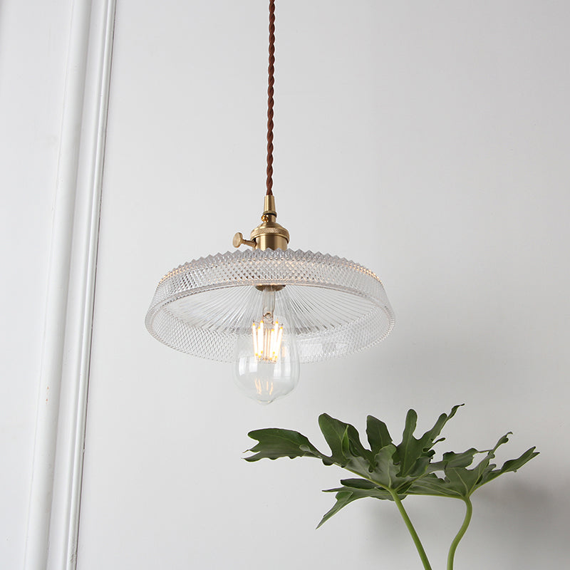 1-Bulb Hanging Lamp Farm Dining Room Pendant Lighting Fixture with Geometry Clear Lattice Glass Shade in Brass Clearhalo 'Ceiling Lights' 'Glass shade' 'Glass' 'Industrial Pendants' 'Industrial' 'Middle Century Pendants' 'Pendant Lights' 'Pendants' 'Tiffany' Lighting' 2011363