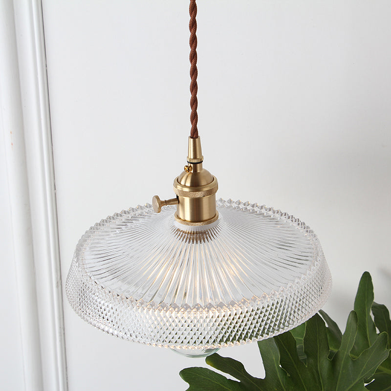 1-Bulb Hanging Lamp Farm Dining Room Pendant Lighting Fixture with Geometry Clear Lattice Glass Shade in Brass Clearhalo 'Ceiling Lights' 'Glass shade' 'Glass' 'Industrial Pendants' 'Industrial' 'Middle Century Pendants' 'Pendant Lights' 'Pendants' 'Tiffany' Lighting' 2011364