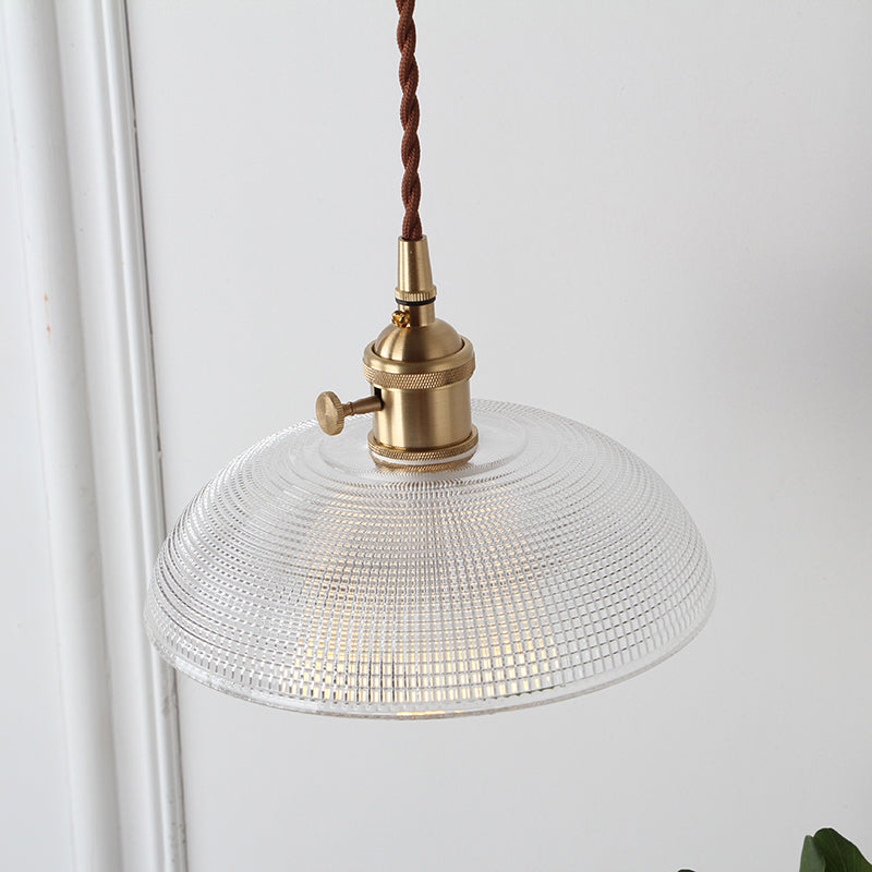 1-Bulb Hanging Lamp Farm Dining Room Pendant Lighting Fixture with Geometry Clear Lattice Glass Shade in Brass Clearhalo 'Ceiling Lights' 'Glass shade' 'Glass' 'Industrial Pendants' 'Industrial' 'Middle Century Pendants' 'Pendant Lights' 'Pendants' 'Tiffany' Lighting' 2011367