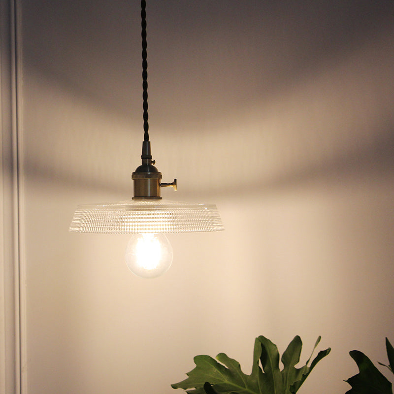 1-Bulb Hanging Lamp Farm Dining Room Pendant Lighting Fixture with Geometry Clear Lattice Glass Shade in Brass Clearhalo 'Ceiling Lights' 'Glass shade' 'Glass' 'Industrial Pendants' 'Industrial' 'Middle Century Pendants' 'Pendant Lights' 'Pendants' 'Tiffany' Lighting' 2011370