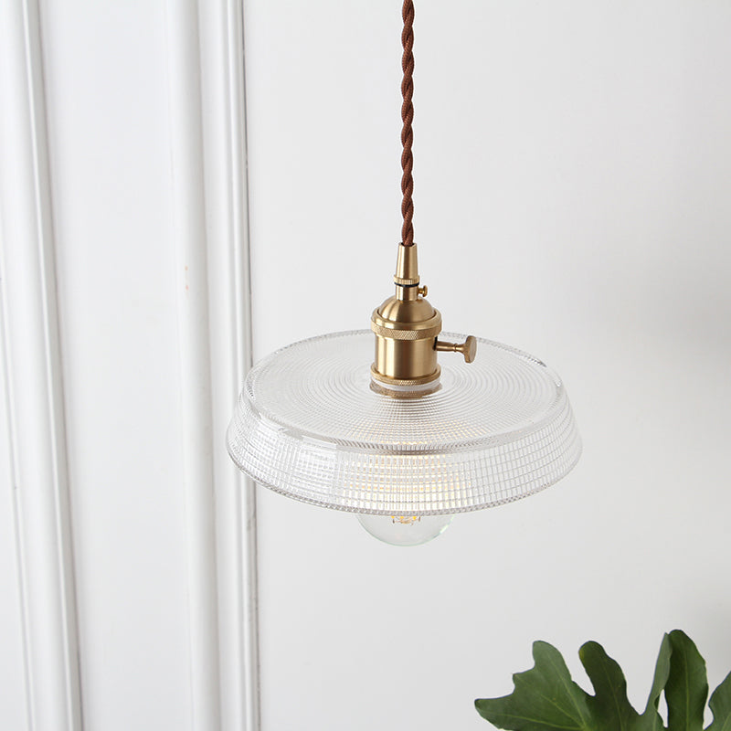 1-Bulb Hanging Lamp Farm Dining Room Pendant Lighting Fixture with Geometry Clear Lattice Glass Shade in Brass Clearhalo 'Ceiling Lights' 'Glass shade' 'Glass' 'Industrial Pendants' 'Industrial' 'Middle Century Pendants' 'Pendant Lights' 'Pendants' 'Tiffany' Lighting' 2011371