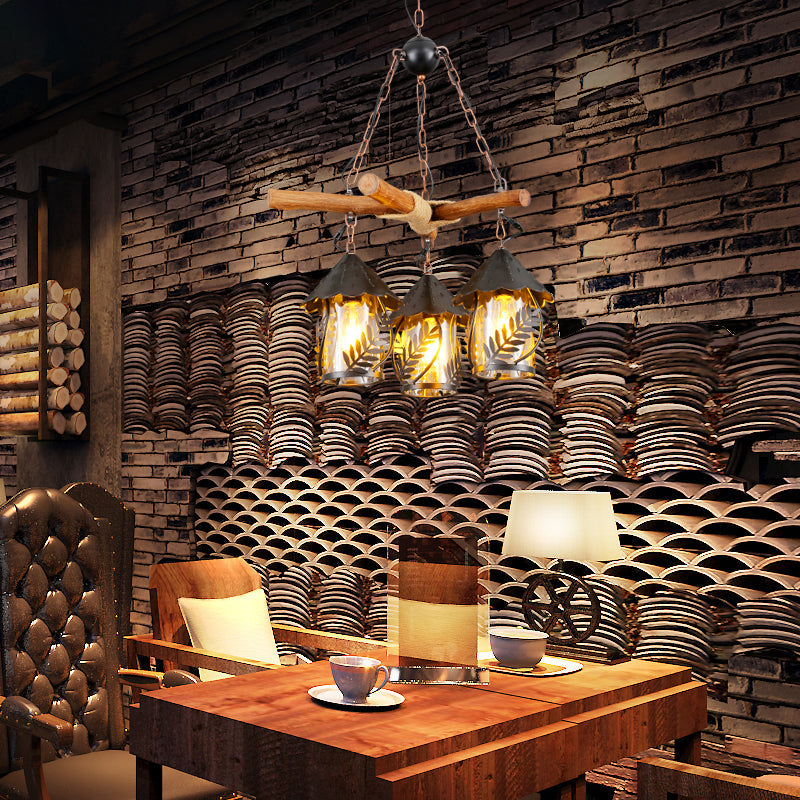 Nautical Lantern Ceiling Chandelier Clear Glass Pendant Light Kit with Leaf Pattern in Wood Wood H Clearhalo 'Cast Iron' 'Ceiling Lights' 'Chandeliers' 'Industrial Chandeliers' 'Industrial' 'Metal' 'Middle Century Chandeliers' 'Rustic Chandeliers' 'Tiffany' Lighting' 2011410