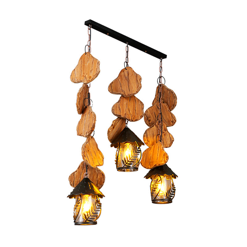 Nautical Lantern Ceiling Chandelier Clear Glass Pendant Light Kit with Leaf Pattern in Wood Wood F Clearhalo 'Cast Iron' 'Ceiling Lights' 'Chandeliers' 'Industrial Chandeliers' 'Industrial' 'Metal' 'Middle Century Chandeliers' 'Rustic Chandeliers' 'Tiffany' Lighting' 2011413