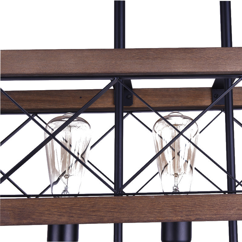 Rectangle Metal Island Lamp Vintage 5-Bulb Dining Room Pendant Lighting Fixture in Black with Wood Frame Clearhalo 'Ceiling Lights' 'Island Lights' Lighting' 2011434