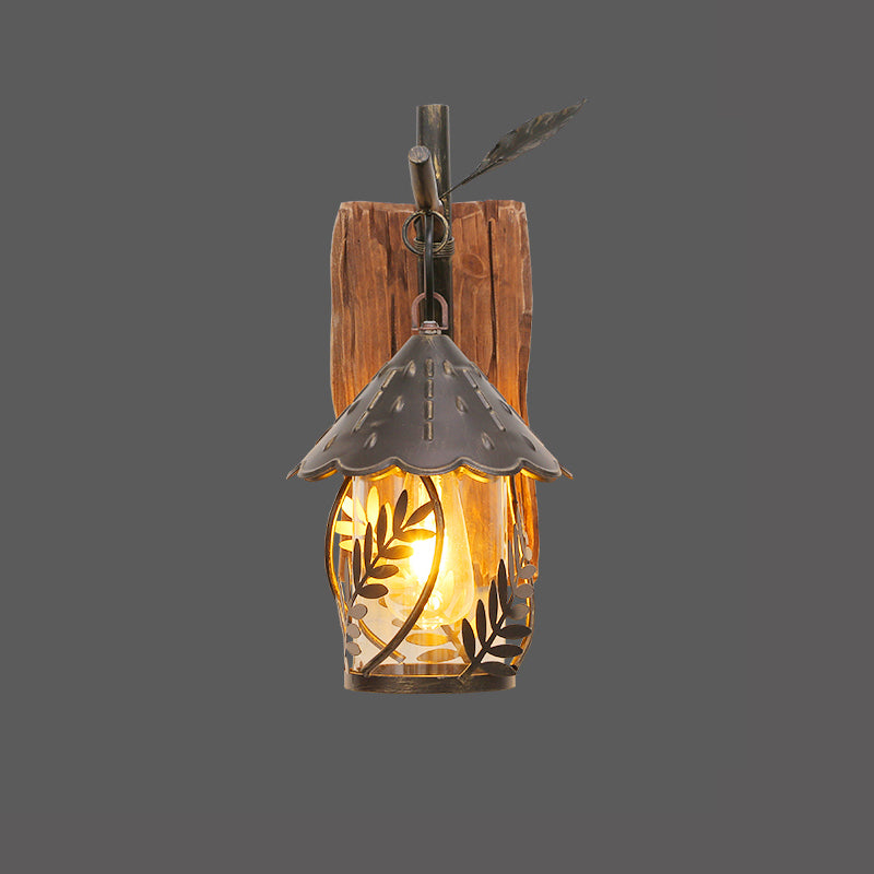 House Clear Glass Wall Mounted Light Farmhouse 1 Light Corridor Leaf Wall Lighting Ideas in Brown with Wood Backplate Clearhalo 'Art deco wall lights' 'Cast Iron' 'Glass' 'Industrial wall lights' 'Industrial' 'Middle century wall lights' 'Modern' 'Rustic wall lights' 'Tiffany' 'Traditional wall lights' 'Wall Lamps & Sconces' 'Wall Lights' Lighting' 2011489