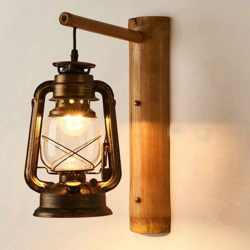 1-Head Wall Light Sconce Coastal Lantern Clear Glass Wall Mount Lighting with Bamboo Backplate Clearhalo 'Art deco wall lights' 'Cast Iron' 'Glass' 'Industrial wall lights' 'Industrial' 'Middle century wall lights' 'Modern' 'Rustic wall lights' 'Tiffany' 'Traditional wall lights' 'Wall Lamps & Sconces' 'Wall Lights' Lighting' 2011513