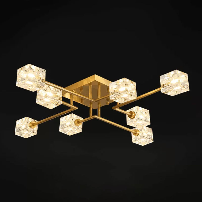 4/12/16 Heads Semi Flush Chandelier Postmodern Ice Cube Crystal Flush Mounted Light in Brass Clearhalo 'Ceiling Lights' 'Close To Ceiling Lights' 'Close to ceiling' 'Semi-flushmount' Lighting' 2015457