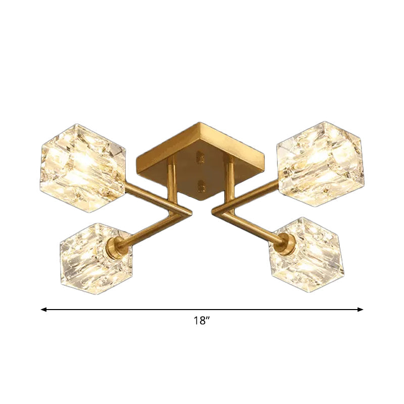 4/12/16 Heads Semi Flush Chandelier Postmodern Ice Cube Crystal Flush Mounted Light in Brass Clearhalo 'Ceiling Lights' 'Close To Ceiling Lights' 'Close to ceiling' 'Semi-flushmount' Lighting' 2015462