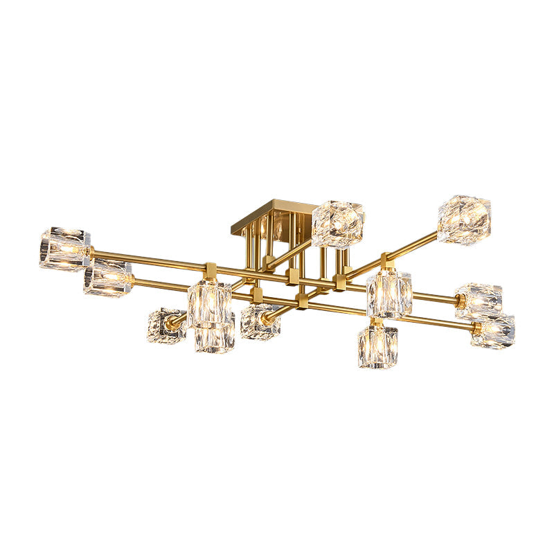 4/12/16 Heads Semi Flush Chandelier Postmodern Ice Cube Crystal Flush Mounted Light in Brass Clearhalo 'Ceiling Lights' 'Close To Ceiling Lights' 'Close to ceiling' 'Semi-flushmount' Lighting' 2015468