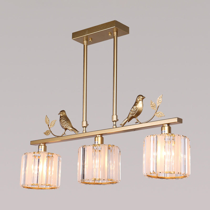 3-Bulb Cylinder Hanging Island Light Postmodern Black/Gold Crystal Prism Pendant Lamp with Bird and Leaf Decoration Clearhalo 'Ceiling Lights' 'Island Lights' Lighting' 2015639