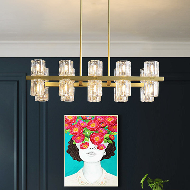 Cylindrical Crystal Island Pendant Postmodern 10/20 Lights Dining Table Hanging Light Fixture in Gold Clearhalo 'Ceiling Lights' 'Island Lights' Lighting' 2015646