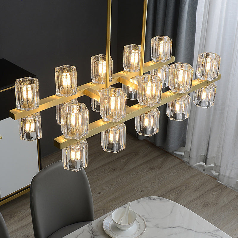 Cylindrical Crystal Island Pendant Postmodern 10/20 Lights Dining Table Hanging Light Fixture in Gold Clearhalo 'Ceiling Lights' 'Island Lights' Lighting' 2015647