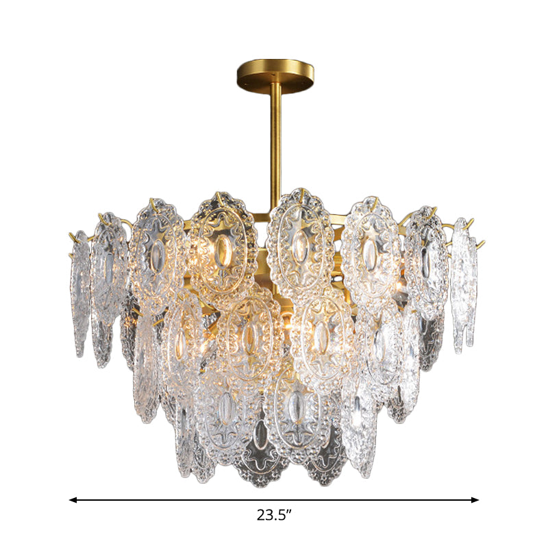 2/3/4-Tiered Scalloped Glass Chandelier Modern 6/12/16 Bulbs Dining Room Suspension Pendant Light in Gold Clearhalo 'Ceiling Lights' 'Chandeliers' 'Modern Chandeliers' 'Modern' Lighting' 2015857