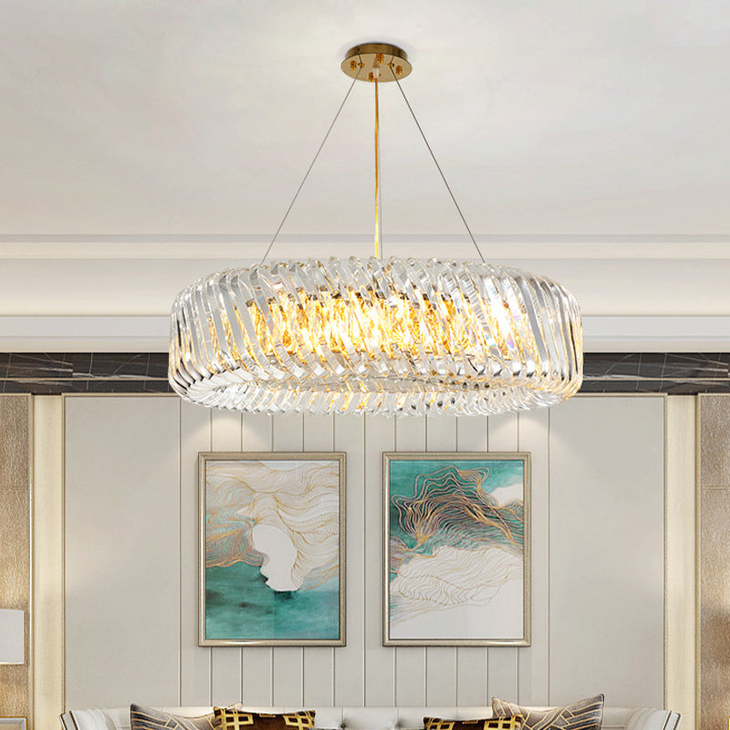 Minimalist Drum Pendant Lighting 4/8/12-Light Clear K9 Crystal Chandelier Light Fixture in Gold 12 Gold Clearhalo 'Ceiling Lights' 'Chandeliers' 'Modern Chandeliers' 'Modern' Lighting' 2015867