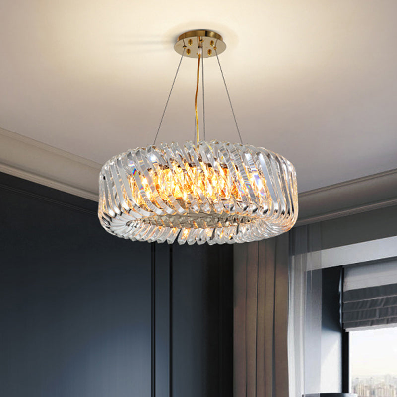 Minimalist Drum Pendant Lighting 4/8/12-Light Clear K9 Crystal Chandelier Light Fixture in Gold Clearhalo 'Ceiling Lights' 'Chandeliers' 'Modern Chandeliers' 'Modern' Lighting' 2015876
