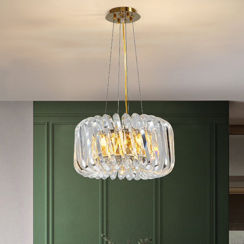 Minimalist Drum Pendant Lighting 4/8/12-Light Clear K9 Crystal Chandelier Light Fixture in Gold Clearhalo 'Ceiling Lights' 'Chandeliers' 'Modern Chandeliers' 'Modern' Lighting' 2015880