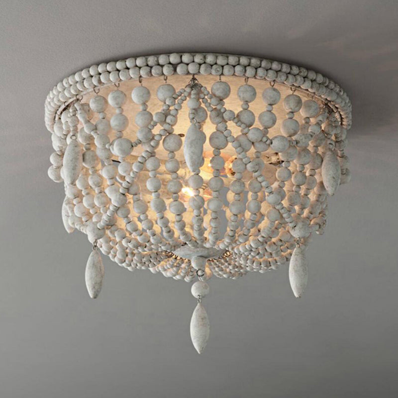 Retro Beaded Flush Mount Light 6 Heads Wood Close to Ceiling Lamp in Distressed White Distressed White Clearhalo 'Ceiling Lights' 'Close To Ceiling Lights' 'Close to ceiling' 'Flush mount' Lighting' 2015933
