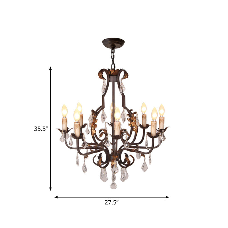 Rust Swooping Arm Chandelier Lamp Traditional Wood Living Room Pendant Light Kit with Crystal Accent Clearhalo 'Ceiling Lights' 'Chandeliers' Lighting' options 2015957
