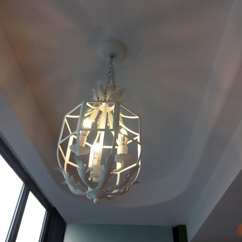 3 Heads Chandelier Lamp Classic Living Room Pendant Lighting with Wire Cage Metal Shade White Clearhalo 'Ceiling Lights' 'Chandeliers' Lighting' options 2016169_3524e88f-ab03-40d8-af28-8d99df3ed56b