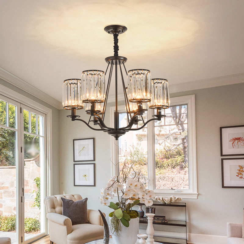 Cylinder Living Room Ceiling Chandelier Country Beveled Crystal Black Hanging Pendant Light 6 Black Clearhalo 'Ceiling Lights' 'Chandeliers' Lighting' options 2017227_415f30c6-85db-44d6-adc8-a70e506b47d7
