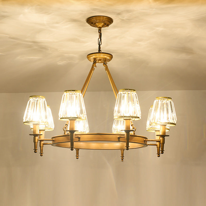Faceted Crystal Hanging Lamp Kit Classic Conic Living Room Chandelier Lighting with Metal Ring Design 8 Brass Clearhalo 'Ceiling Lights' 'Chandeliers' Lighting' options 2017236_cb9c9809-60ec-4296-a5a2-d80db6ab186a