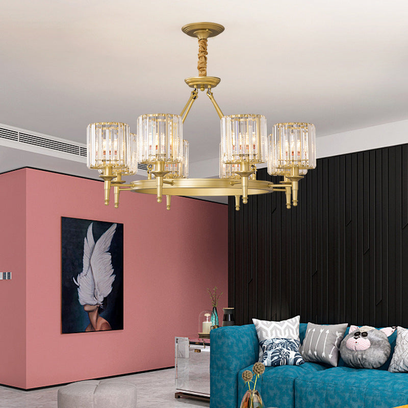 Beveled Crystal Hanging Chandelier Cylinder Traditional Suspension Pendant Light for Living Room 8 Gold Clearhalo 'Ceiling Lights' 'Chandeliers' Lighting' options 2017262_79490333-d282-4c82-a3fb-5773ca88da2c