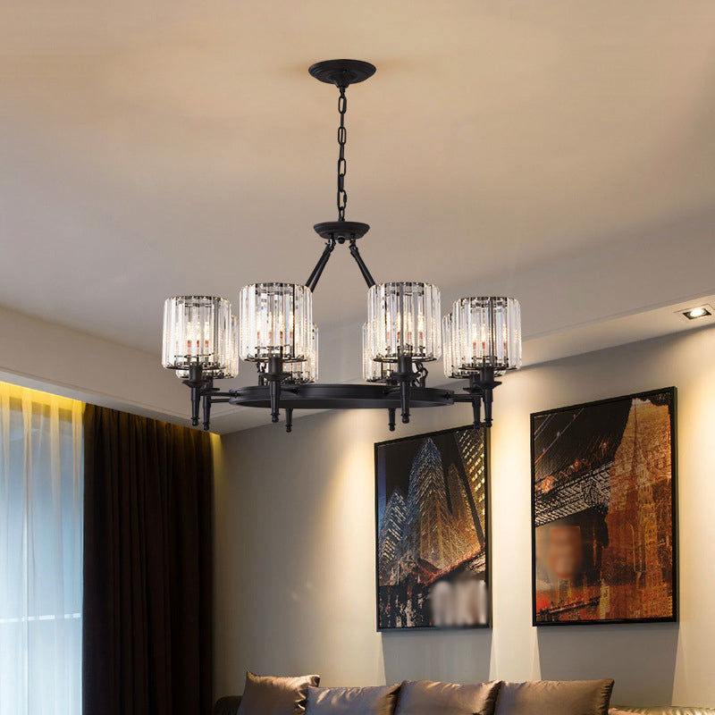 Beveled Crystal Hanging Chandelier Cylinder Traditional Suspension Pendant Light for Living Room 8 Black Clearhalo 'Ceiling Lights' 'Chandeliers' Lighting' options 2017267_e00edd19-40b3-4fd0-a74b-5ad2f6767716