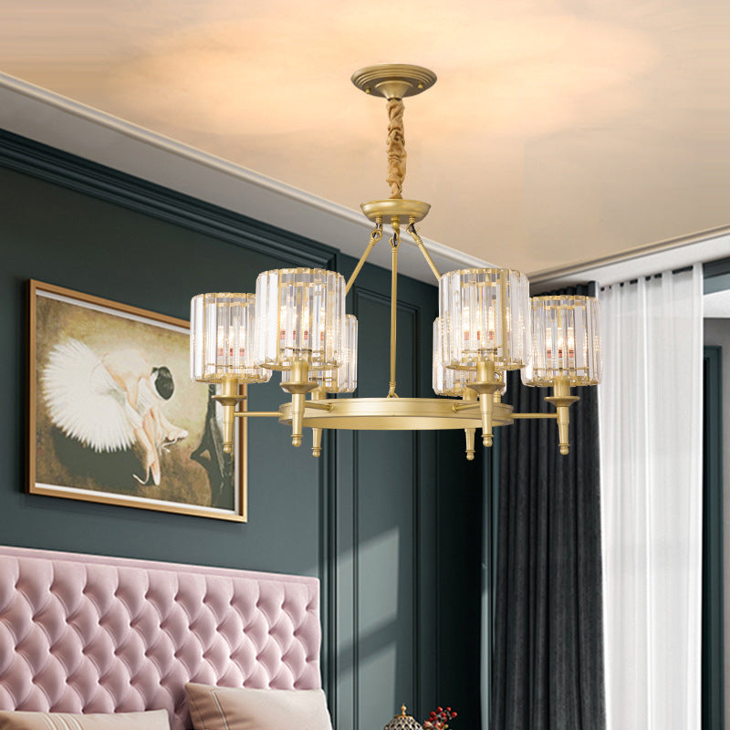 Beveled Crystal Hanging Chandelier Cylinder Traditional Suspension Pendant Light for Living Room 6 Gold Clearhalo 'Ceiling Lights' 'Chandeliers' Lighting' options 2017270_8163d008-8e2e-4983-9386-6d1e29bf3ae1