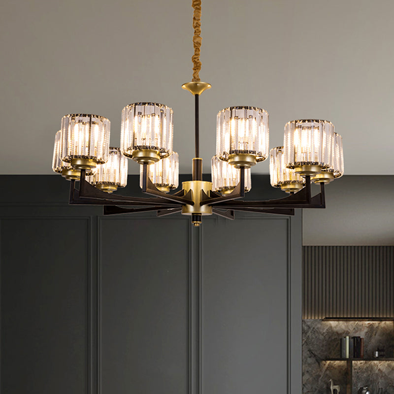 4/6/12 Lights Cylinder Up Chandelier Post-Modern Black and Brass Crystal Prism Hanging Light Fixture Clearhalo 'Ceiling Lights' 'Chandeliers' 'Modern Chandeliers' 'Modern' Lighting' 2017312