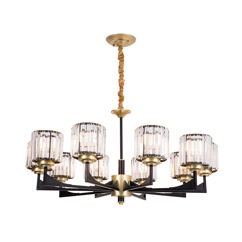 4/6/12 Lights Cylinder Up Chandelier Post-Modern Black and Brass Crystal Prism Hanging Light Fixture 10 Black Clearhalo 'Ceiling Lights' 'Chandeliers' 'Modern Chandeliers' 'Modern' Lighting' 2017313
