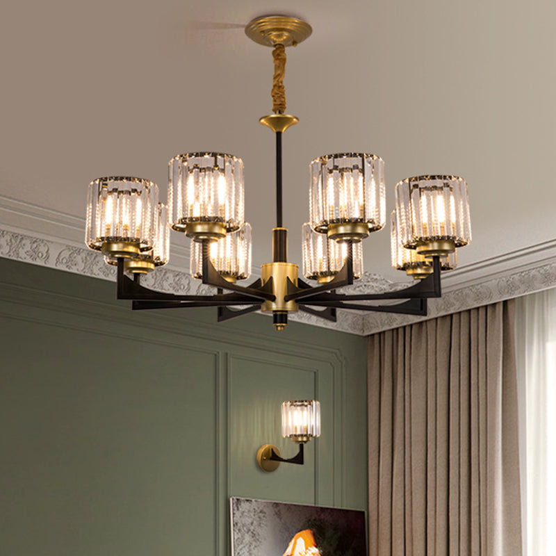 4/6/12 Lights Cylinder Up Chandelier Post-Modern Black and Brass Crystal Prism Hanging Light Fixture Clearhalo 'Ceiling Lights' 'Chandeliers' 'Modern Chandeliers' 'Modern' Lighting' 2017316