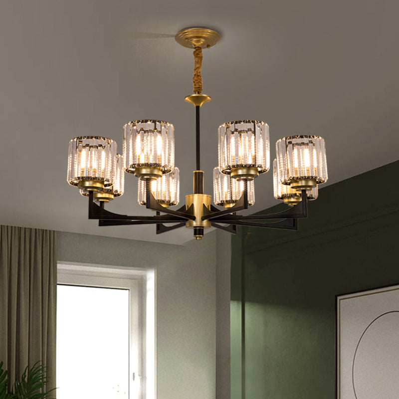 4/6/12 Lights Cylinder Up Chandelier Post-Modern Black and Brass Crystal Prism Hanging Light Fixture Clearhalo 'Ceiling Lights' 'Chandeliers' 'Modern Chandeliers' 'Modern' Lighting' 2017317