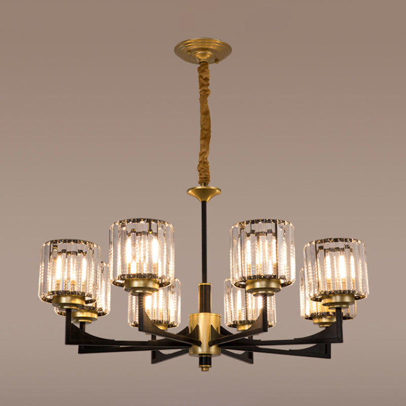 4/6/12 Lights Cylinder Up Chandelier Post-Modern Black and Brass Crystal Prism Hanging Light Fixture Clearhalo 'Ceiling Lights' 'Chandeliers' 'Modern Chandeliers' 'Modern' Lighting' 2017320