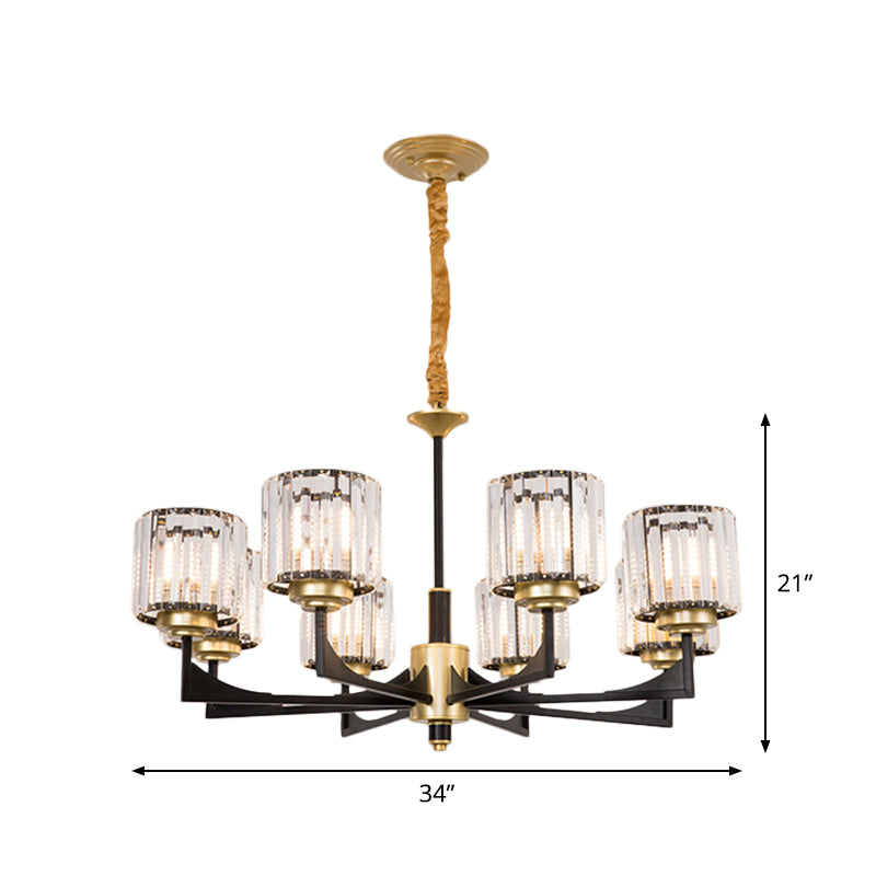 4/6/12 Lights Cylinder Up Chandelier Post-Modern Black and Brass Crystal Prism Hanging Light Fixture Clearhalo 'Ceiling Lights' 'Chandeliers' 'Modern Chandeliers' 'Modern' Lighting' 2017321