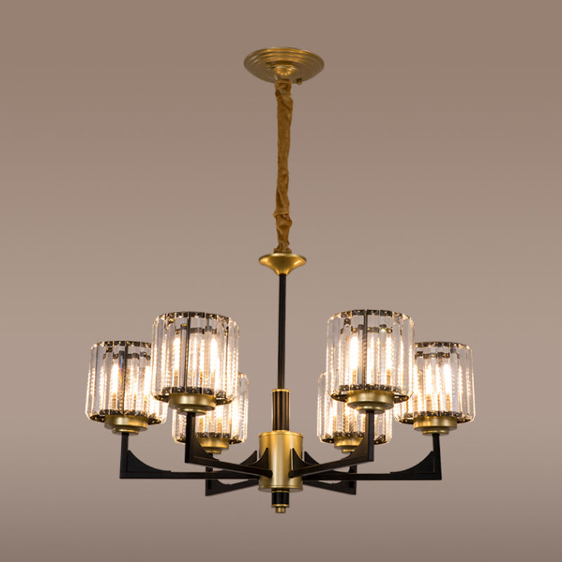 4/6/12 Lights Cylinder Up Chandelier Post-Modern Black and Brass Crystal Prism Hanging Light Fixture Clearhalo 'Ceiling Lights' 'Chandeliers' 'Modern Chandeliers' 'Modern' Lighting' 2017324