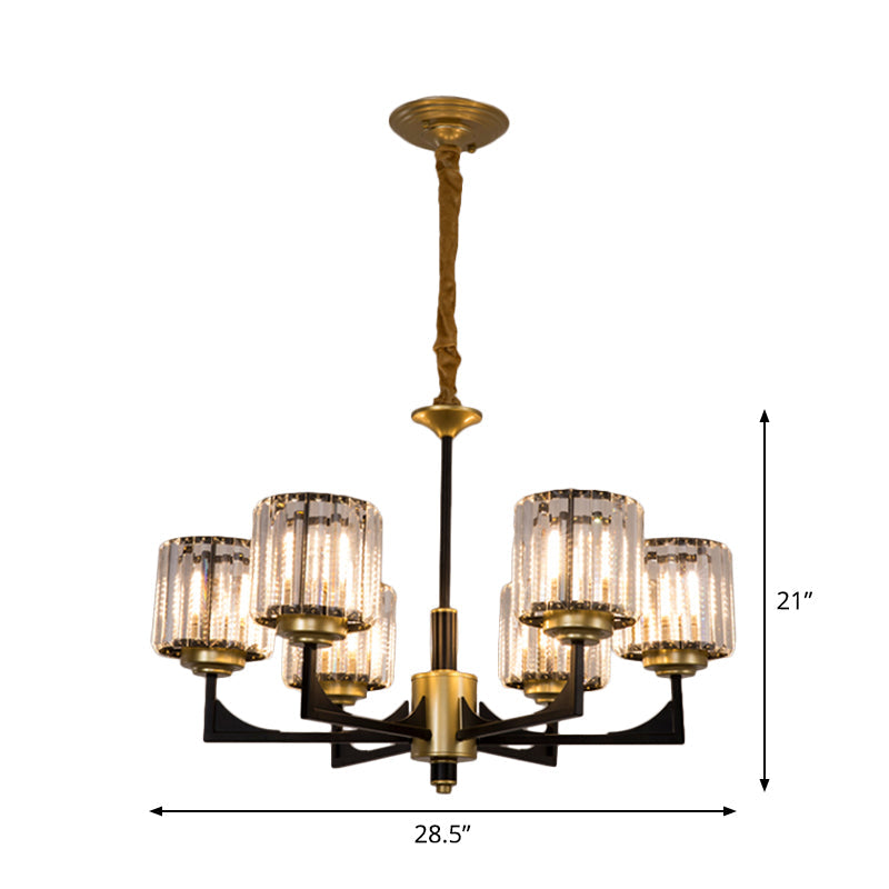 4/6/12 Lights Cylinder Up Chandelier Post-Modern Black and Brass Crystal Prism Hanging Light Fixture Clearhalo 'Ceiling Lights' 'Chandeliers' 'Modern Chandeliers' 'Modern' Lighting' 2017325