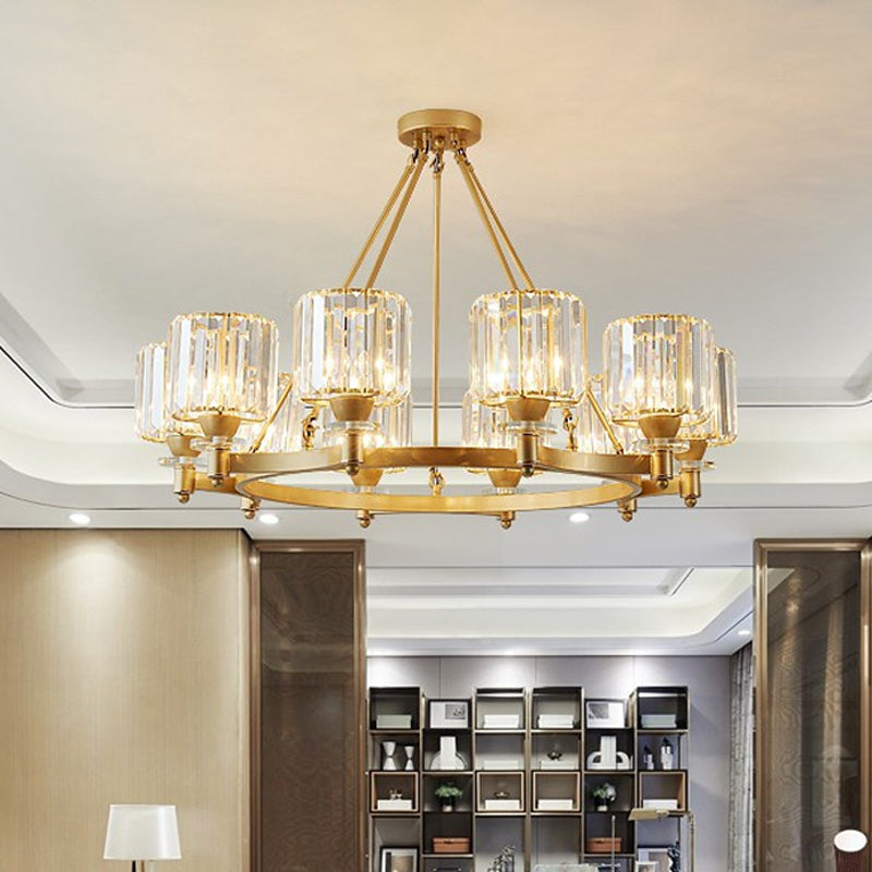 Prismatic Crystal Cylinder Chandelier Contemporary 3/6/8-Head Dining Room Ceiling Suspension Lamp in Black/Gold Clearhalo 'Ceiling Lights' 'Chandeliers' 'Modern Chandeliers' 'Modern' Lighting' 2017348