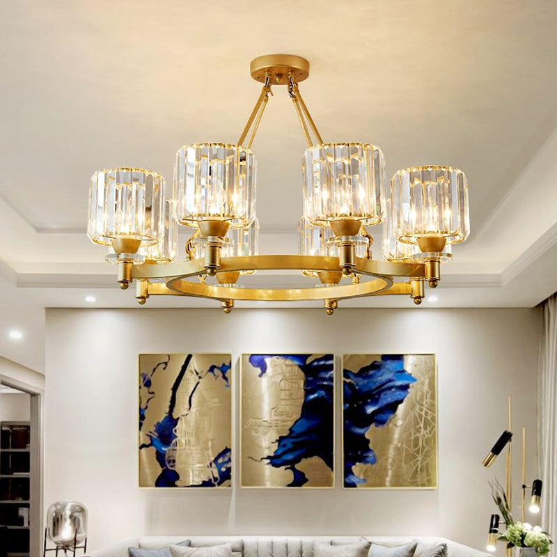Prismatic Crystal Cylinder Chandelier Contemporary 3/6/8-Head Dining Room Ceiling Suspension Lamp in Black/Gold Clearhalo 'Ceiling Lights' 'Chandeliers' 'Modern Chandeliers' 'Modern' Lighting' 2017355
