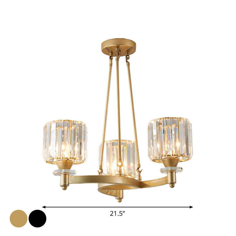 Prismatic Crystal Cylinder Chandelier Contemporary 3/6/8-Head Dining Room Ceiling Suspension Lamp in Black/Gold Clearhalo 'Ceiling Lights' 'Chandeliers' 'Modern Chandeliers' 'Modern' Lighting' 2017364