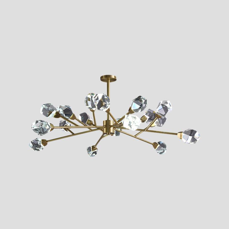 Brass Branching Chandelier Modern Crystal Block 9/12/18-Light Family Room Suspension Pendant Clearhalo 'Ceiling Lights' 'Chandeliers' 'Modern Chandeliers' 'Modern' Lighting' 2017430