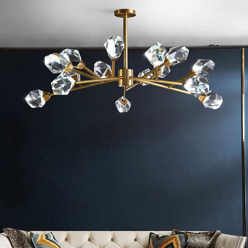 Brass Branching Chandelier Modern Crystal Block 9/12/18-Light Family Room Suspension Pendant Clearhalo 'Ceiling Lights' 'Chandeliers' 'Modern Chandeliers' 'Modern' Lighting' 2017432