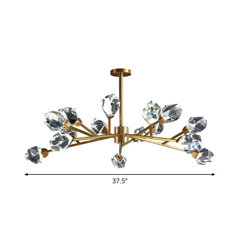 Brass Branching Chandelier Modern Crystal Block 9/12/18-Light Family Room Suspension Pendant Clearhalo 'Ceiling Lights' 'Chandeliers' 'Modern Chandeliers' 'Modern' Lighting' 2017435