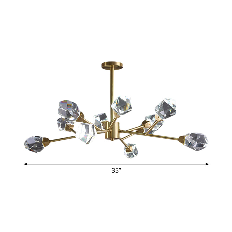 Brass Branching Chandelier Modern Crystal Block 9/12/18-Light Family Room Suspension Pendant Clearhalo 'Ceiling Lights' 'Chandeliers' 'Modern Chandeliers' 'Modern' Lighting' 2017439