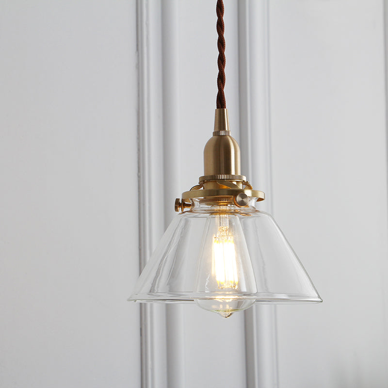Brass Conic Suspension Lighting Factory Clear Glass 1 Head Dining Room Pendant Lamp Clearhalo 'Ceiling Lights' 'Glass shade' 'Glass' 'Industrial Pendants' 'Industrial' 'Middle Century Pendants' 'Pendant Lights' 'Pendants' 'Tiffany' Lighting' 2017556