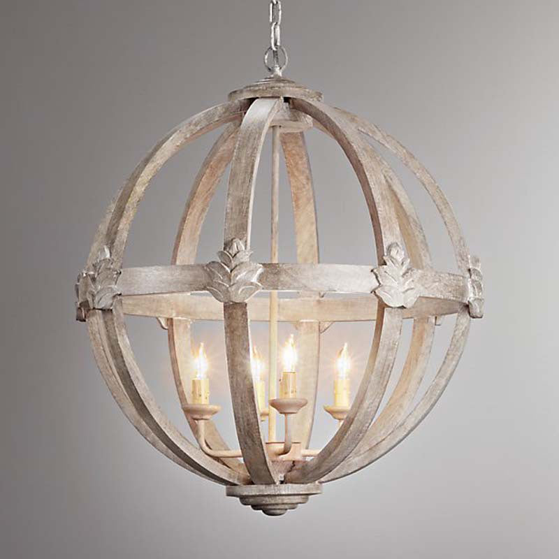 4-Bulb Hanging Lamp Kit Rustic Bedroom Candle Pendant Chandelier with Spherical Wood Shade Clearhalo 'Ceiling Lights' 'Chandeliers' Lighting' options 2017580